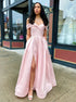 A Line Off the Shoulder Pink Satin Prom Dresses with Slit LBQ2179